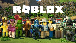 Imagem de divulgação do Roblox, incluindo logo e personagens diversos.